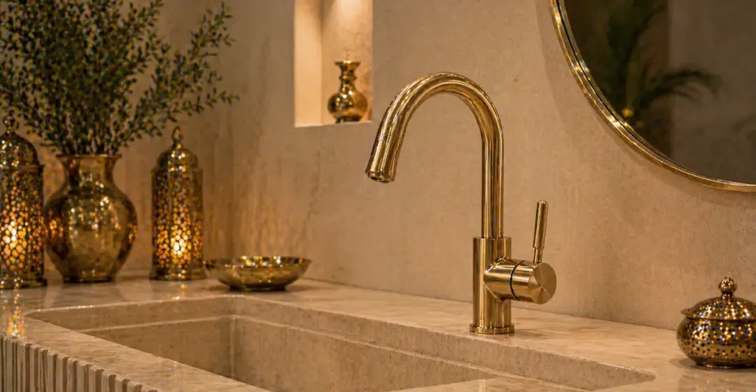 Luxury Moroccan brass faucet with sink and decorative accessories by TAFOST in warm elegant bathroom setting