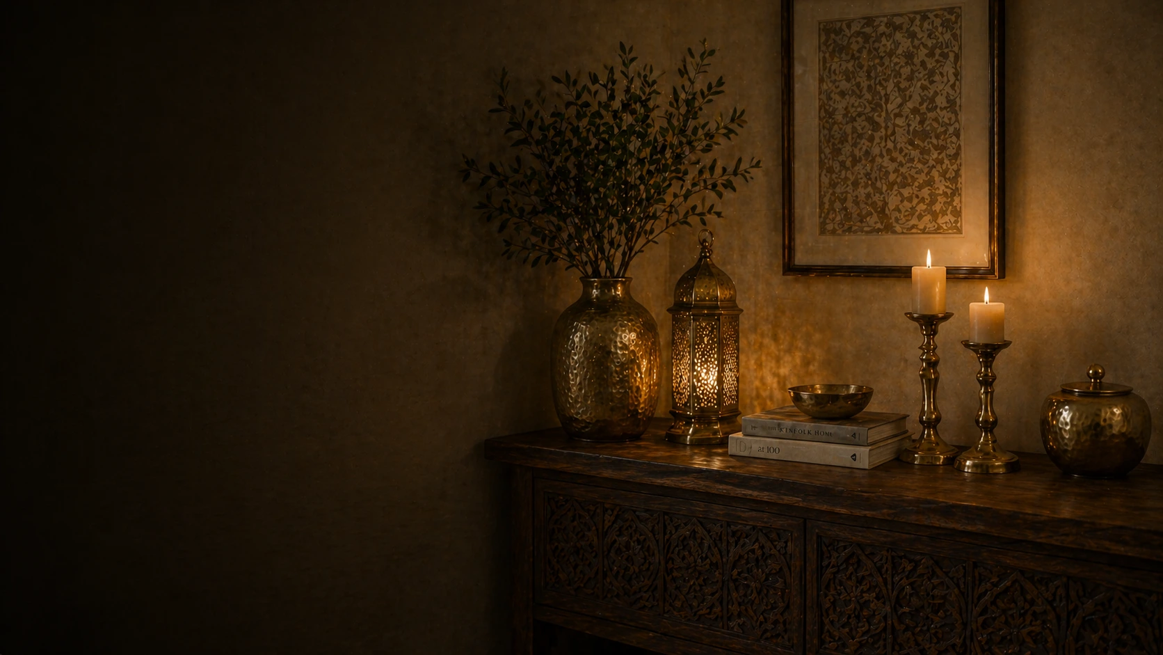 Luxury Moroccan home decor with brass lanterns, candles and decorative vase by TAFOST in warm ambient lighting