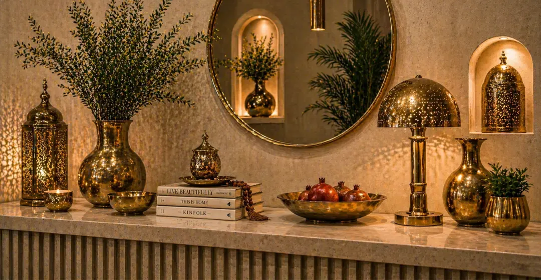 Luxury Moroccan home decor with brass vases, lanterns and table accessories by TAFOST in warm elegant setting