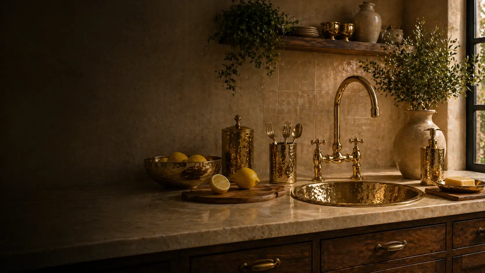 Luxury Moroccan kitchen with brass faucet and sink accessories by TAFOST in warm elegant lighting