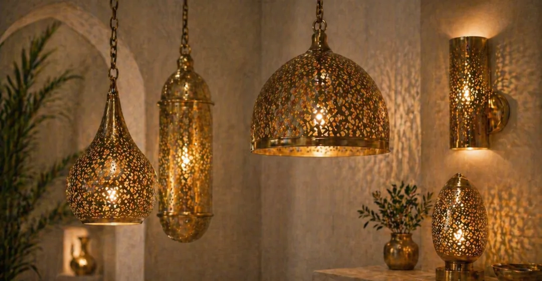 Luxury Moroccan brass lighting with hanging lamps and lanterns by TAFOST creating warm ambient atmosphere