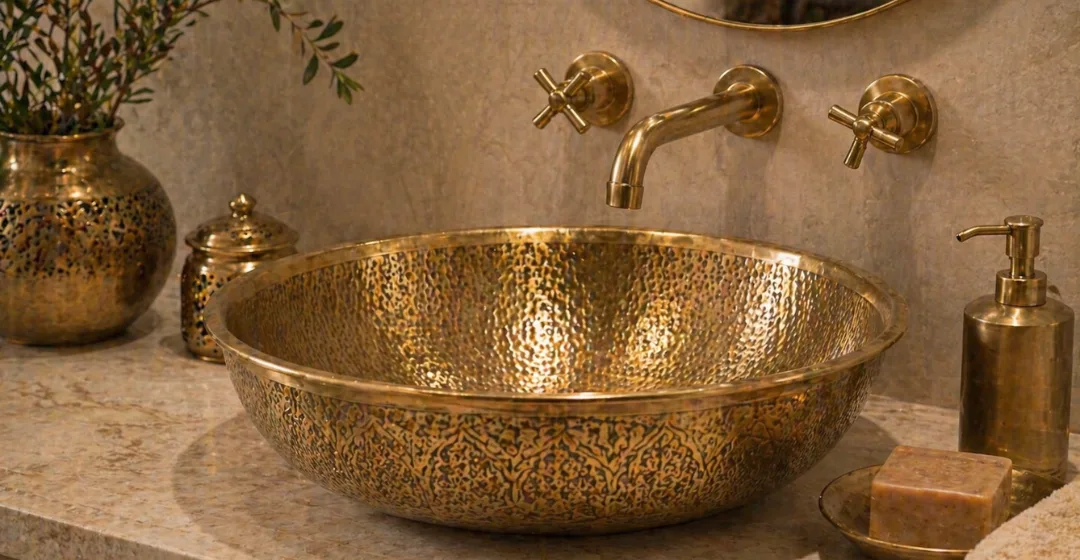 Handcrafted Moroccan brass sink with wall mounted faucet and luxury bathroom accessories by TAFOST