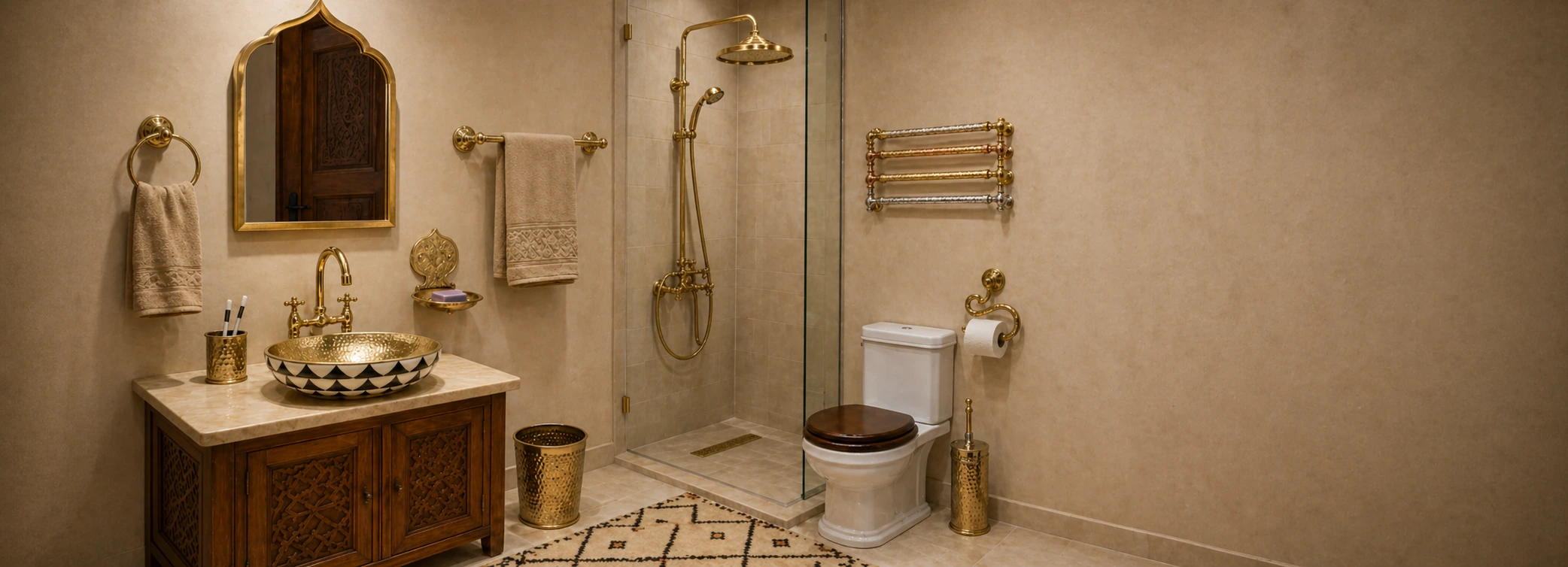 Luxury Moroccan bathroom with brass sink, faucet, shower and accessories by TAFOST