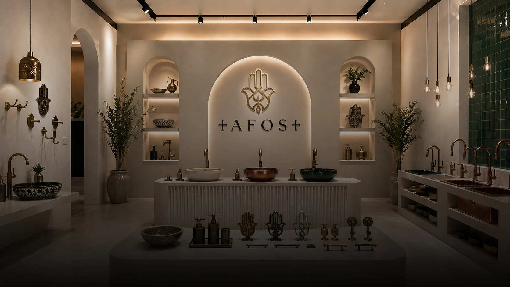 TAFOST luxury showroom showcasing premium brass sinks, faucets and Moroccan bathroom decor.
