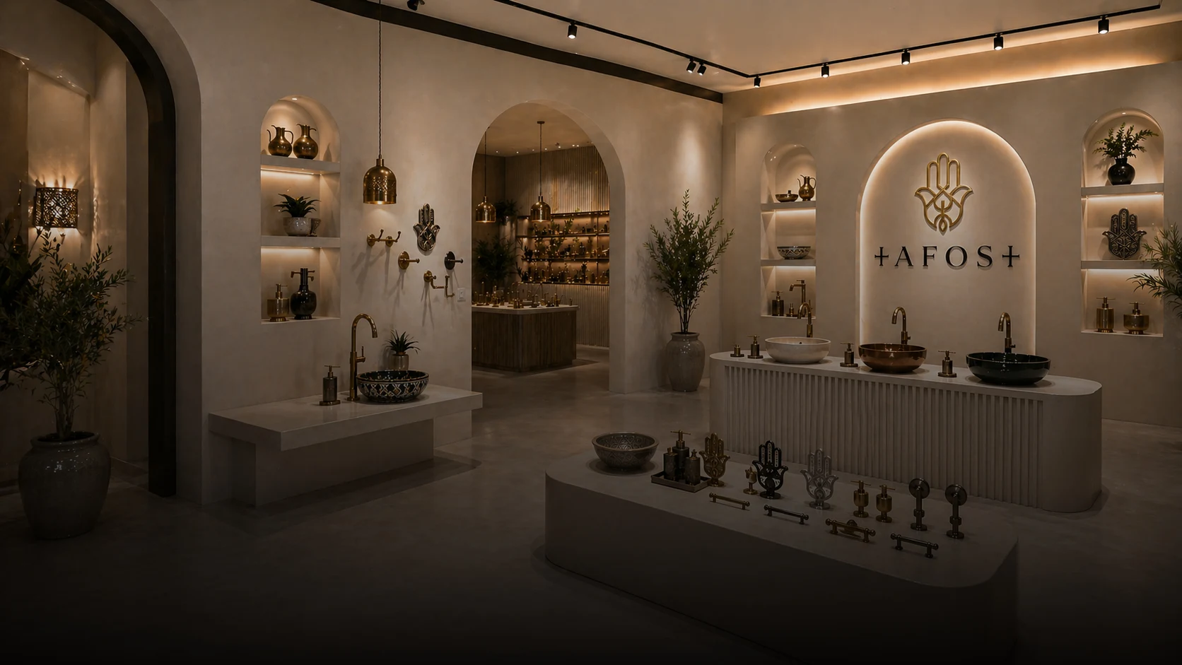 TAFOST luxury Moroccan bathroom showroom with brass sinks faucets and decor collection