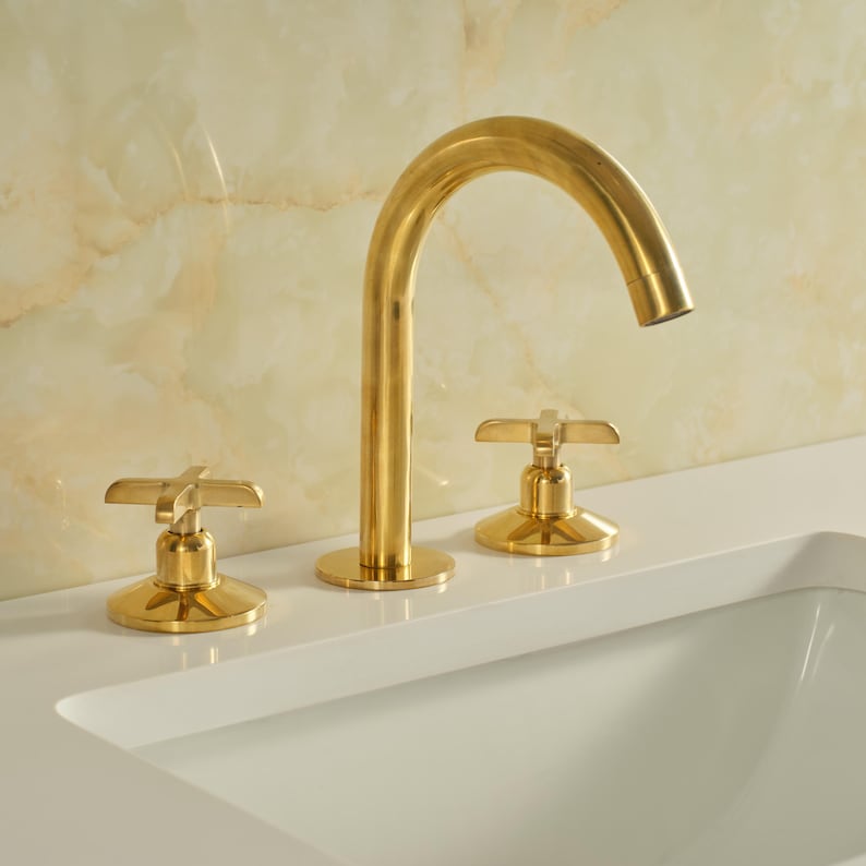 Unglazed Brass Bathroom Faucet – 3 Hole Widespread Vanity Tap - Image 6