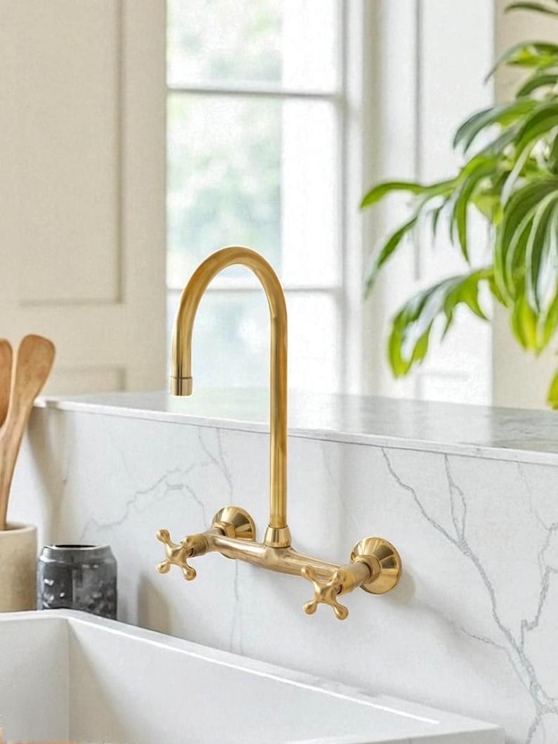 Rosamy WallMount Kitchen Faucet, Solid Unlacquered Brass Faucet - Image 2