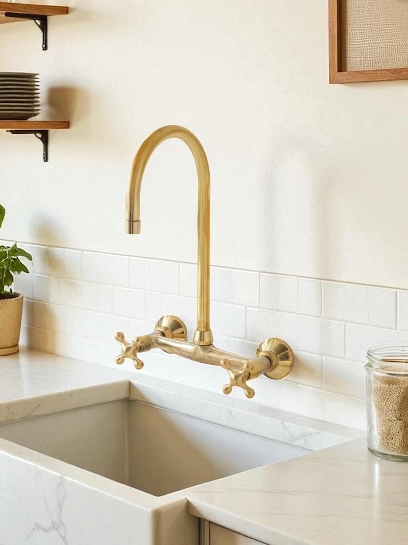 Rosamy WallMount Kitchen Faucet, Solid Unlacquered Brass Faucet - Image 3
