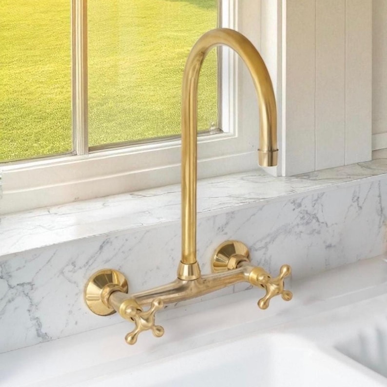Rosamy WallMount Kitchen Faucet, Solid Unlacquered Brass Faucet