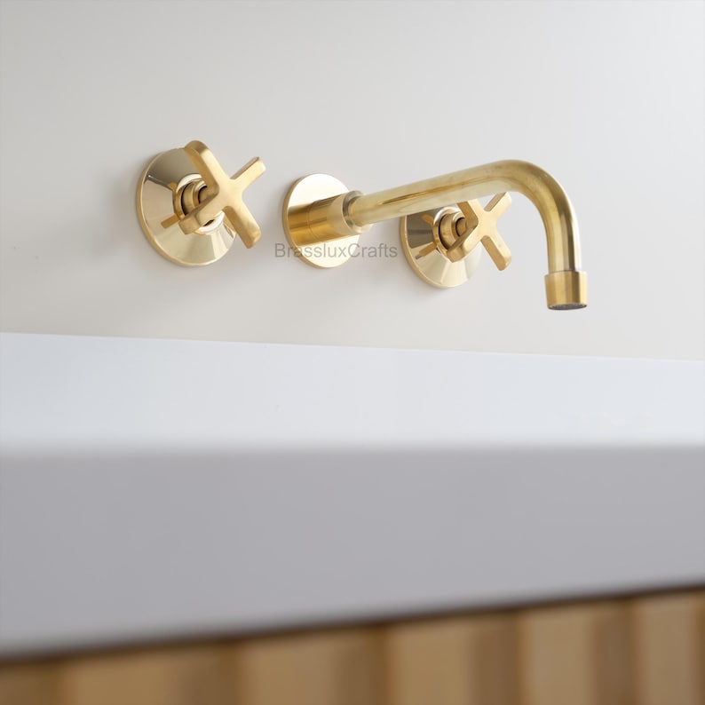 Unglazed Brass WallMount Faucet Classic Bathroom Sink Fixture - Image 2