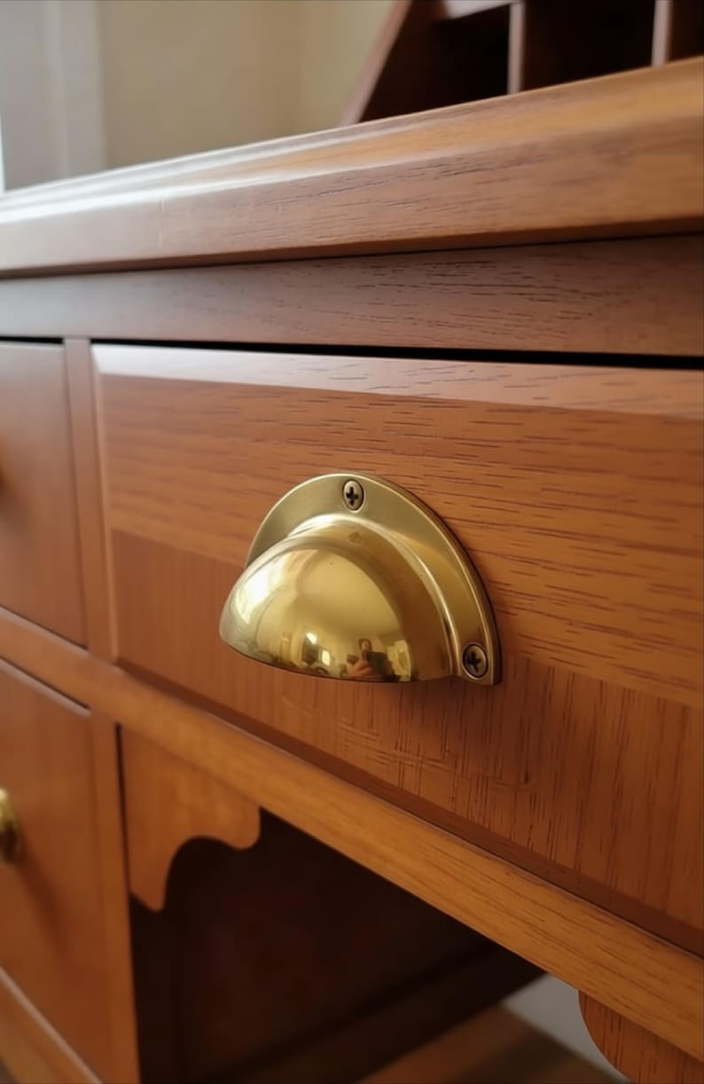 Brass Cup Pull Handles Farmhouse, Vintage Cabinet Hardware - Image 3