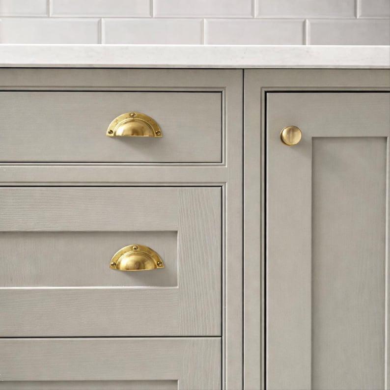 Brass Cup Pull Handles Farmhouse, Vintage Cabinet Hardware