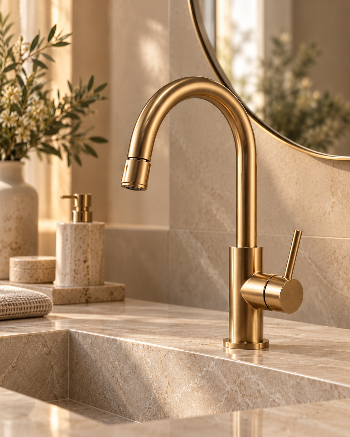 Brass faucet above a stone sink