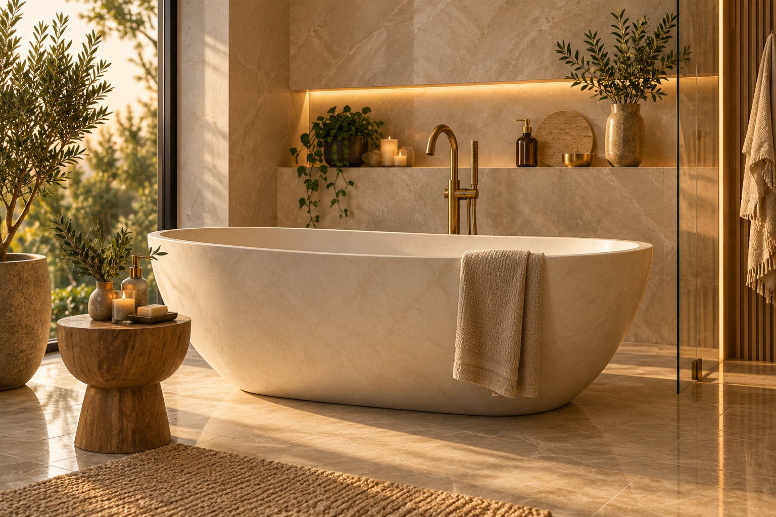 Freestanding bathtub in a warm-toned bathroom