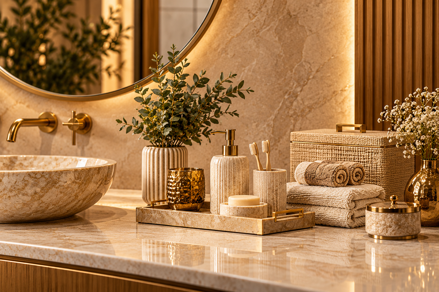 Bathroom accessories and folded towels on a countertop