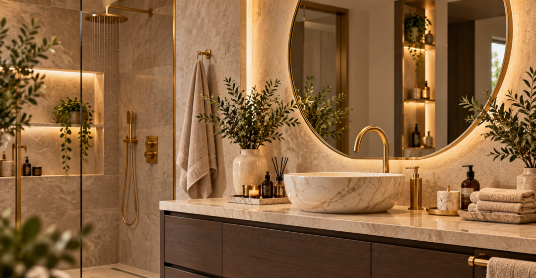Brass faucet and vessel sink in a warm-toned bathroom