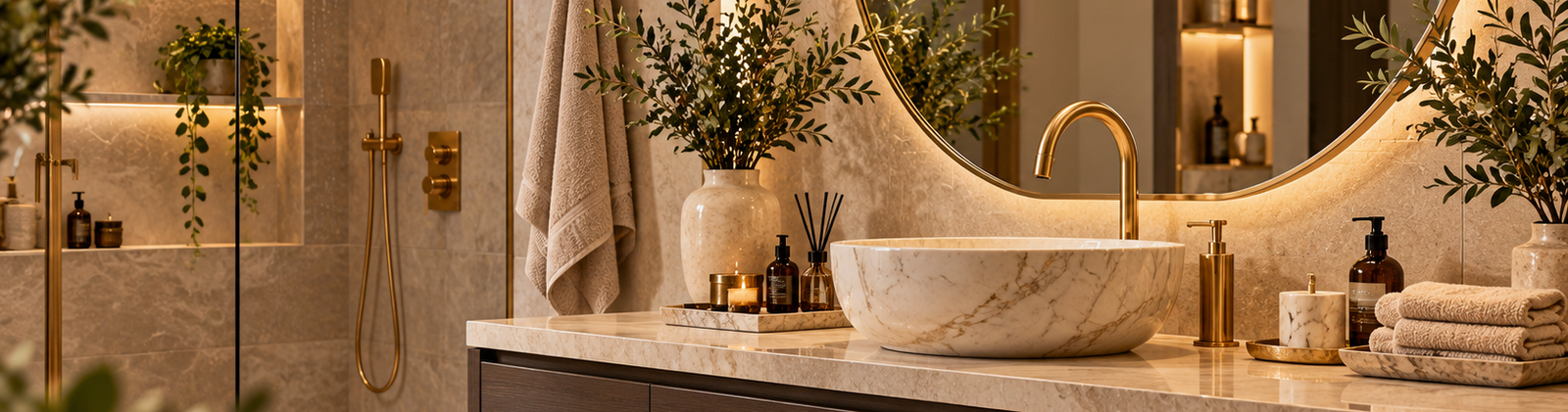 Brass faucet and vessel sink in a warm-toned bathroom
